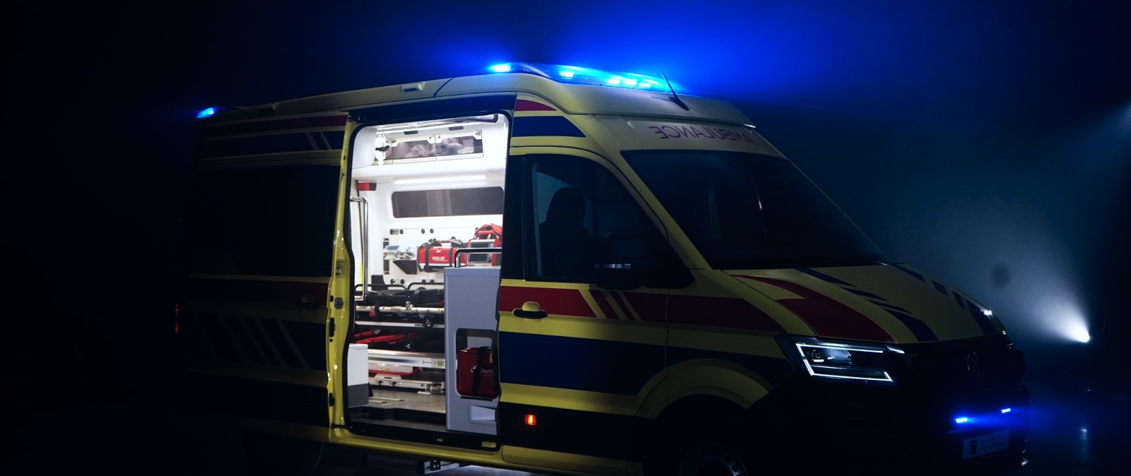 Ambulance external with open door showing bright inside features of ambulance manufactured in Germany